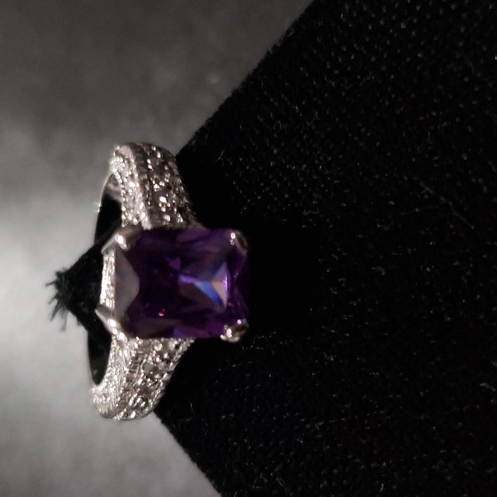 Lab Created Rectangular Amethyst W/ Cz Chips Silv… - image 3